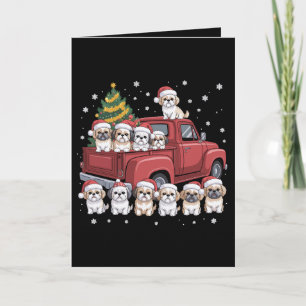 Carte Chiens Shih Tzu de Noël Camion Rouge Chapeau de Pè