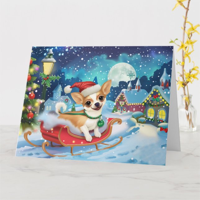 Carte Chihuahua Chien de Sleigh Noël de neige (Fleur jaune)