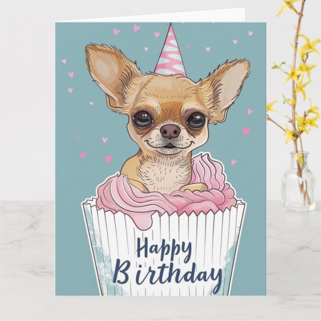 Carte Chihuahua Dessin Animé Cupcake Paws (Fleur jaune)
