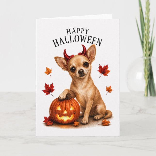 Carte Chihuahua Halloween Diable Chien (Devant)