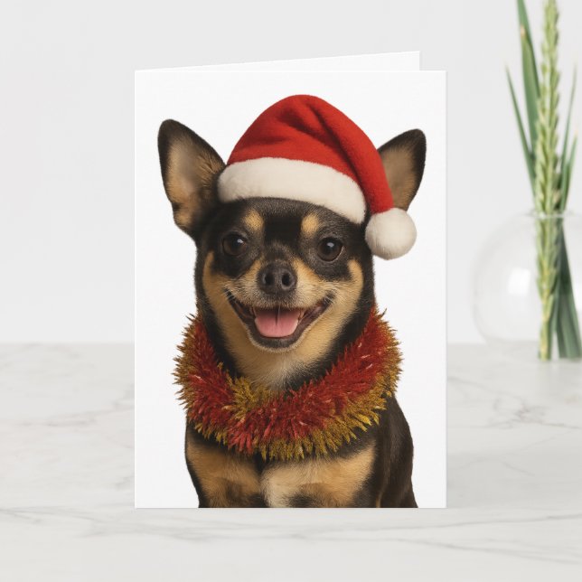 Carte Chihuahua looking cheeky Santa hat Christmas card (Devant)