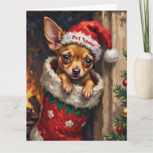 Carte Chihuahua niché dans un chapeau de bas de Noël