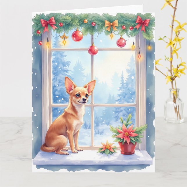 Carte Chihuahua Snowy Windowsill Holiday Christmas Art (Fleur jaune)