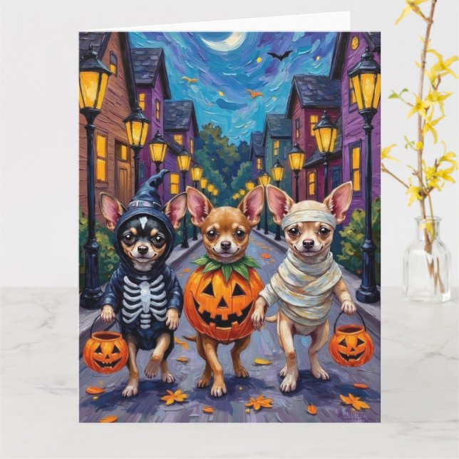 Carte Chihuahua Trick-or-Treating en costumes d'Hallowee (Fleur jaune)