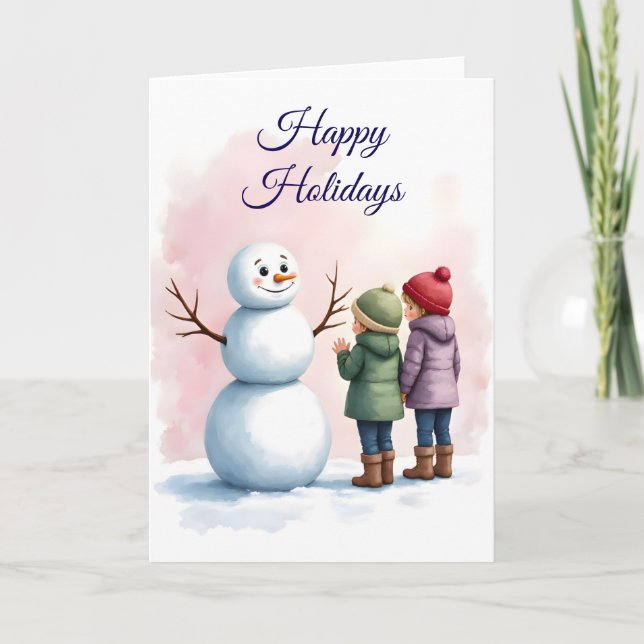 Carte Children Building Snowman Winter Scene Blank  (Devant)