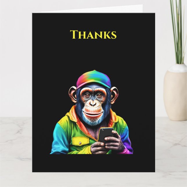 Carte Chimpanzé coloré avec un téléphone amusant (Devant)