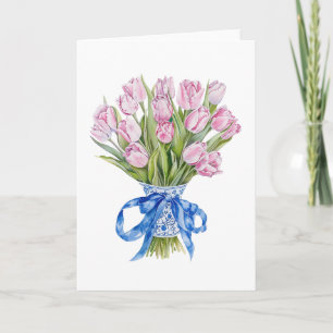 Carte Chinoiserie Fleurs Tulipes Bleu Arc Greeting Vide