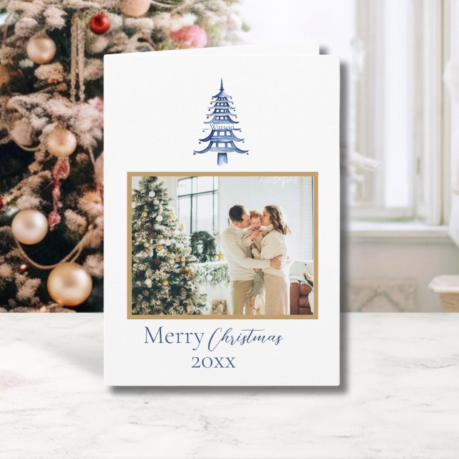 Carte Chinoiserie Noël Pagode Bleue 1 photo (Chinoiserie Christmas Blue Pagoda 1-Photo Card)