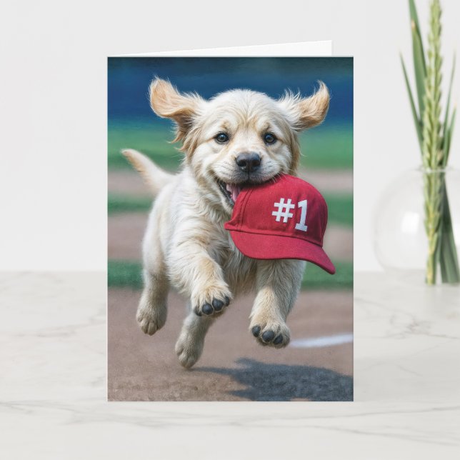 Carte Chiot Anniversaire Avec #1 Casquette De Baseball R (Devant)