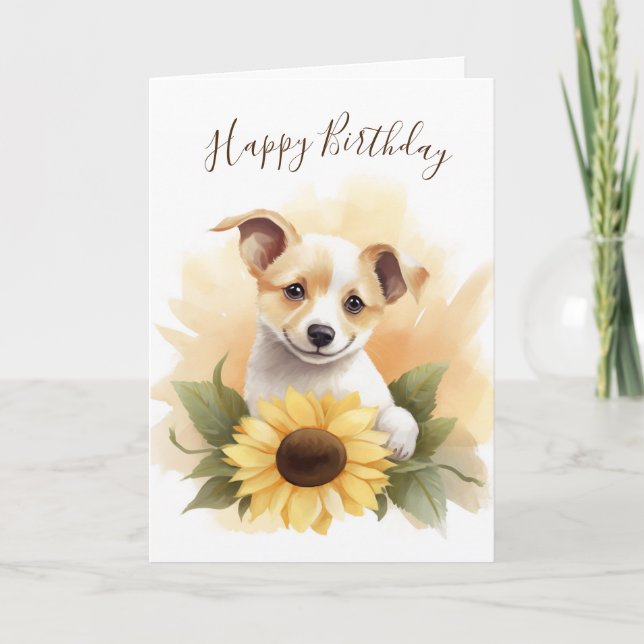 Carte Chiot Anniversaire Avec Tournesol (Devant)