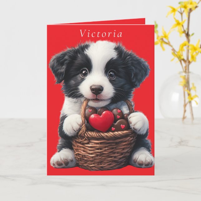 Carte Chiot de la Saint-Valentin Cœurs de chocolat rouge (Fleur jaune)