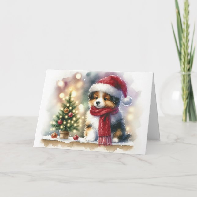 Carte Chiot de Noël avec chapeau de Père Noël et écharpe (Devant)
