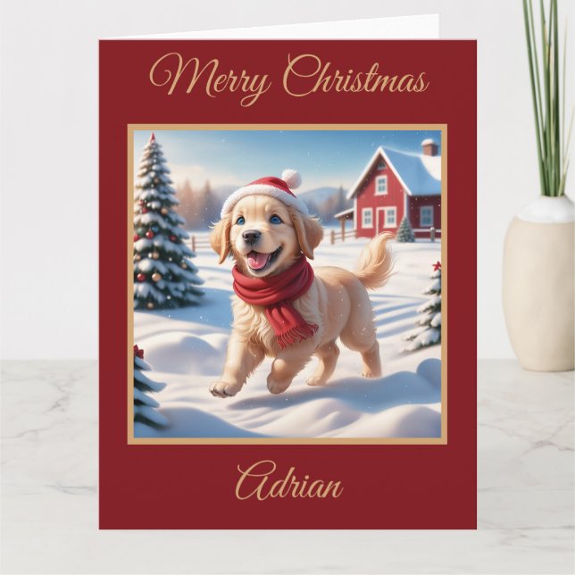 Carte Chiot d'or retriever sur une ferme à Noël (Devant)