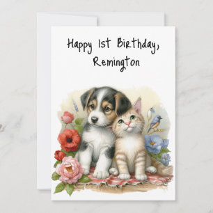 Carte Chiot et chaton personnalisé Premier anniversaire