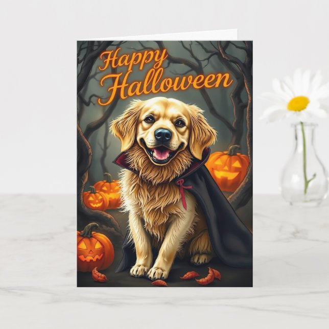 Carte Chiot Golden Retriever avec citrouilles Halloween  (Petite plante)
