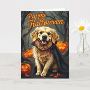 Carte Chiot Golden Retriever avec citrouilles Halloween 