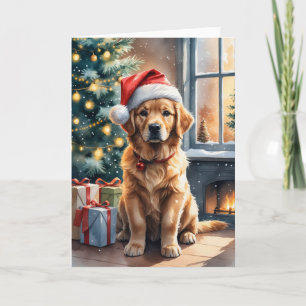 Carte Chiot Golden Retriever près d'un sapin de Noël