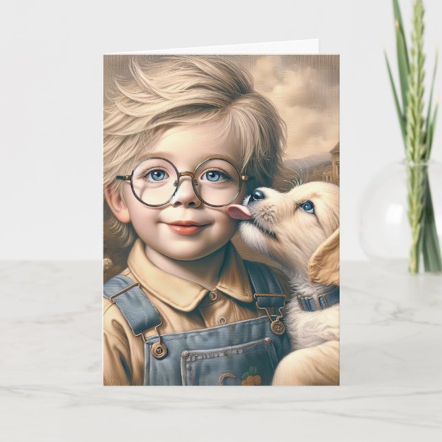 Carte Chiot qui lèche le visage du petit garçon (Devant)