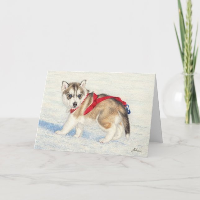 Carte Chiot Sibérien Husky En Neige (Devant)