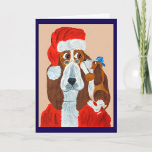 Carte Chiots Basset disant à Santa ses vœux de Noël