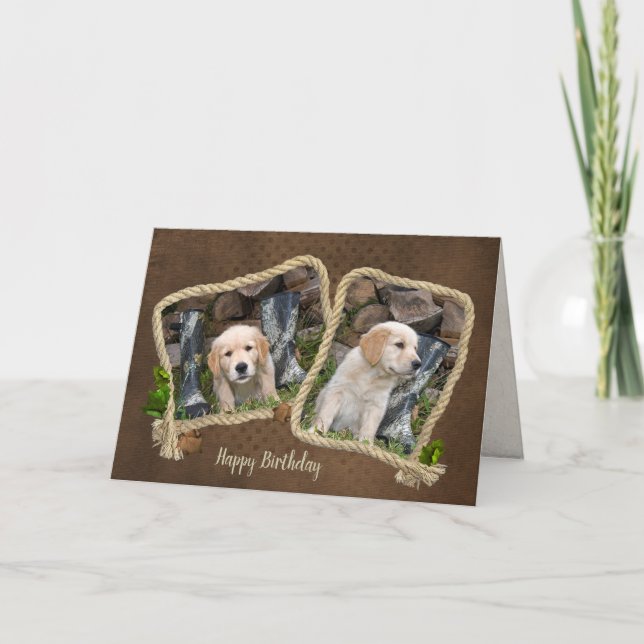 Carte Chiots Golden Retriever en cadre de corde (Devant)