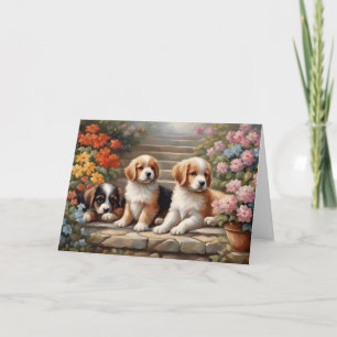 Carte Chiots mignons dans un jardin fleuri