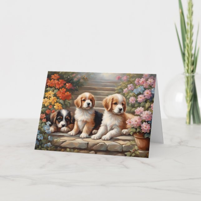 Carte Chiots mignons dans un jardin fleuri  (Devant)