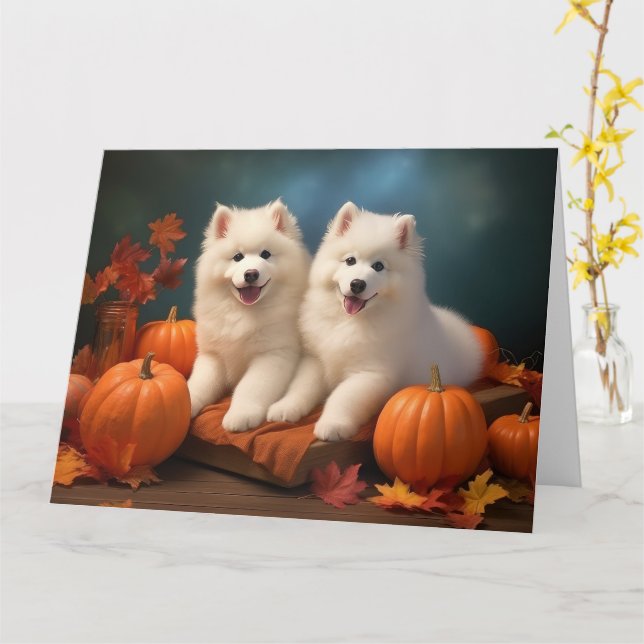 Carte Chiots Samoyède Délice d'Automne Citrouille  (Fleur jaune)