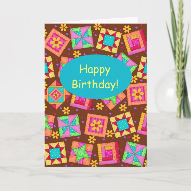 Carte Chocolat Brown Patchwork Quilt Art Joyeux annivers (Devant)