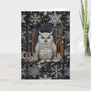 Carte Chouette blanche élégante de Noël, forêt hivernale