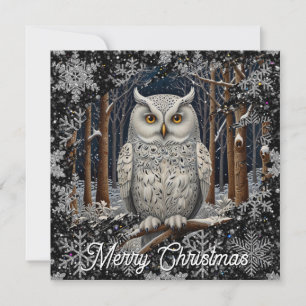 Carte Chouette blanche élégante de Noël, forêt hivernale