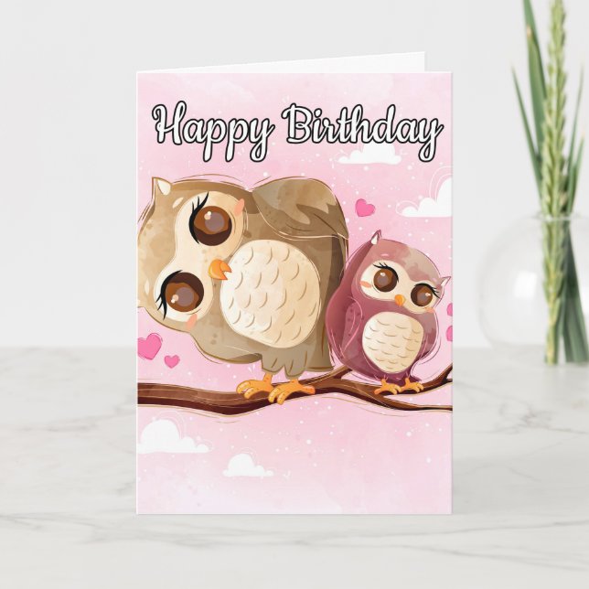 Carte Chouette de maman adorable et bébé | Joyeux annive (Devant)