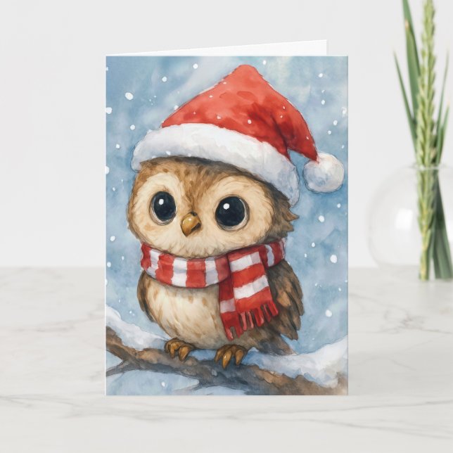 Carte Chouette de Noël dans des flocons de neige (Devant)