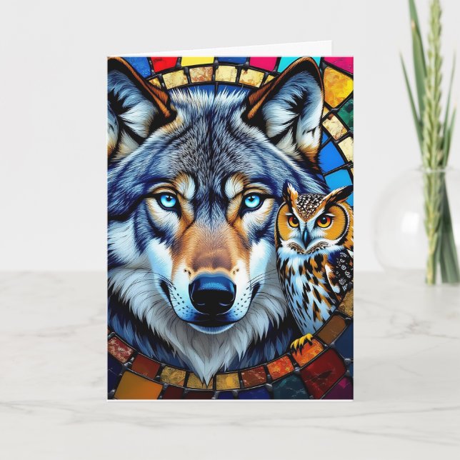 Carte Chouette de style mosaïque et loup | Joyeux annive (Devant)