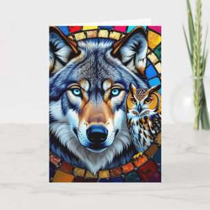 Carte Chouette de style mosaïque et loup Joyeux annive