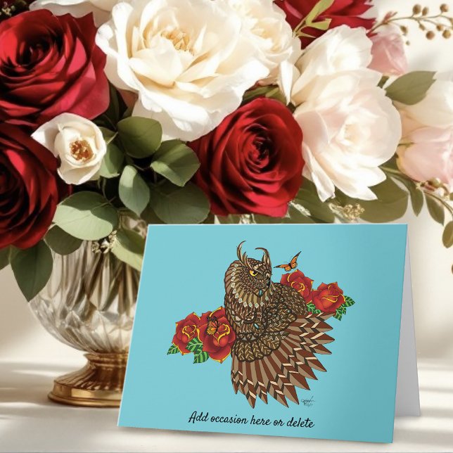 Carte Chouette des Roses rouges bleu (Créateur téléchargé)