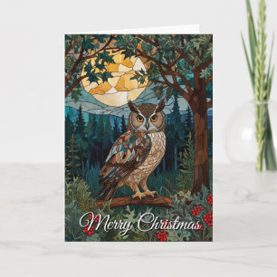 Carte Chouette en verre de Noël élégante forêt boisée
