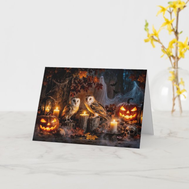Carte Chouette Halloween avec bougies Jack O Lanterns (Fleur jaune)