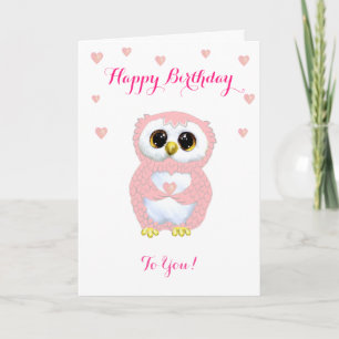 Carte Chouette mignonne, Coeurs roses et Voeux d'anniver