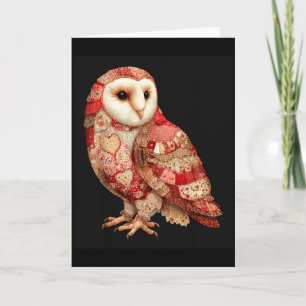 Carte Chouette Patchwork Fantaisiste à Motif de Cœurs 