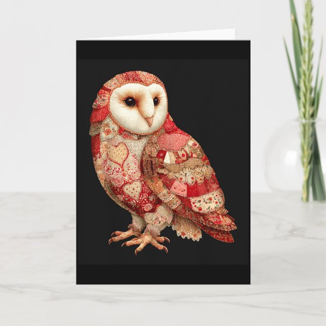 Carte Chouette Patchwork Fantaisiste à Motif de Cœurs (Devant)