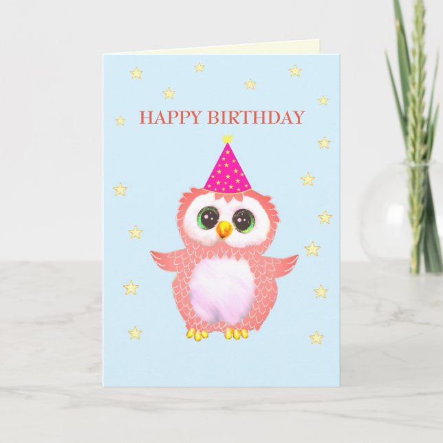 Carte Chouette rose mignonne & Vœux d'anniversaire modif (Devant)