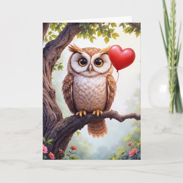 Carte Chouette Saint-Valentin avec ballon cardiaque (Devant)