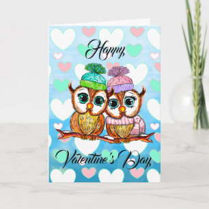Carte Chouettes aquarelles Saint Valentin Je t'aime