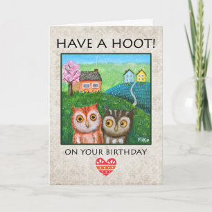 Carte Chouettes Mignonnes dans l'Art Populaire Rural Fêt