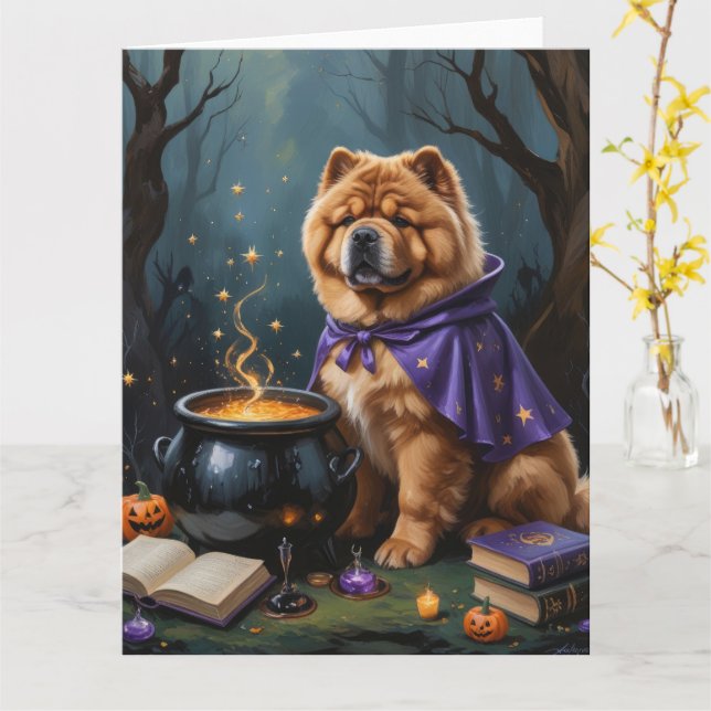 Carte Chow Chow Chien Peinture Whimsical Halloween (Fleur jaune)