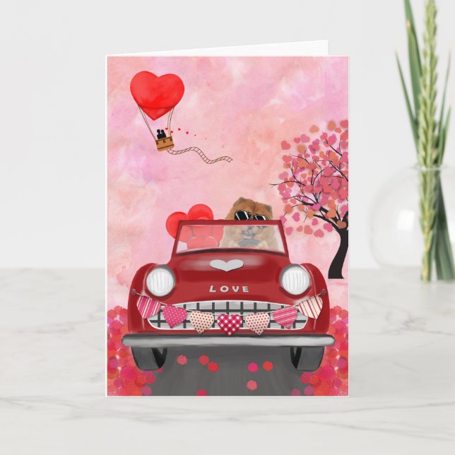 Carte Chow Chow Chien voiture avec les coeurs Valentine' (Devant)
