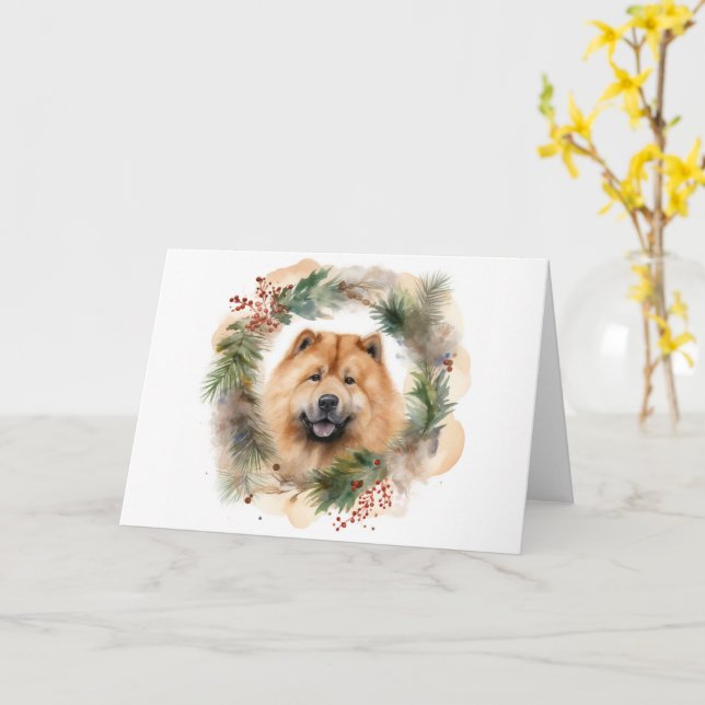 Carte chow chow Christmas Wreath Festive Pup (Fleur jaune)
