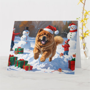 Carte Chow Chow coule en neige avec le Casquette de Noël