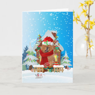 Carte Chow Chow dans la neige avec cadeaux de Noël